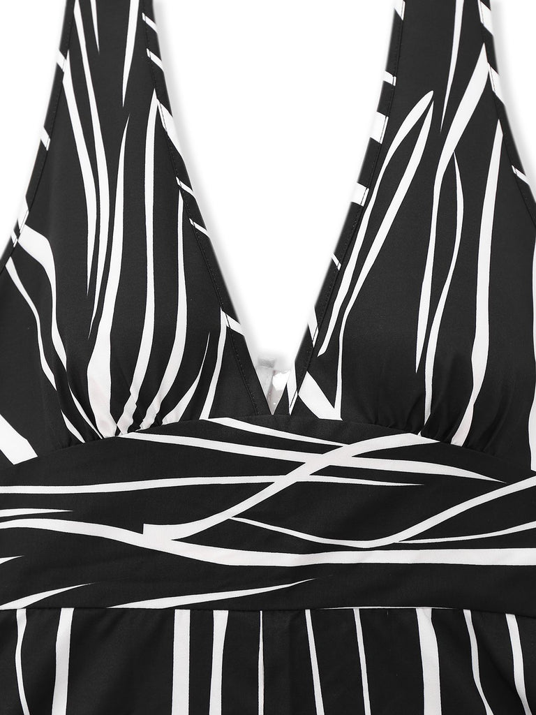Black & White 1930s Irregular Print Halter Jumpsuit - vintage jumpsuit, retro fashion, classic black
