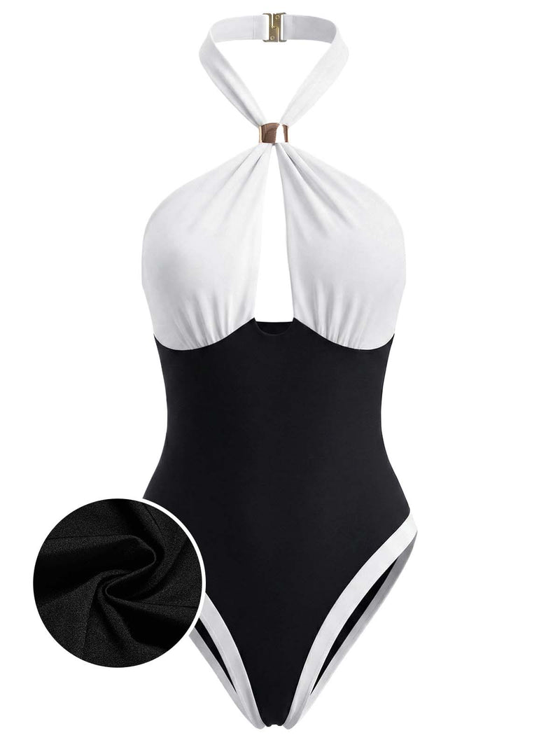 Pre-Sale] Black & White 1940s Cross-Halter Keyhole One-Piece