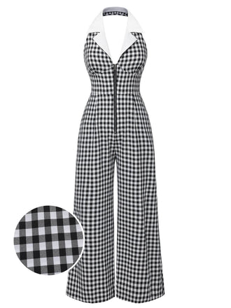 She finds her 1940s story in this Black White 1940s Plaid Lapel Halter Jumpsuit