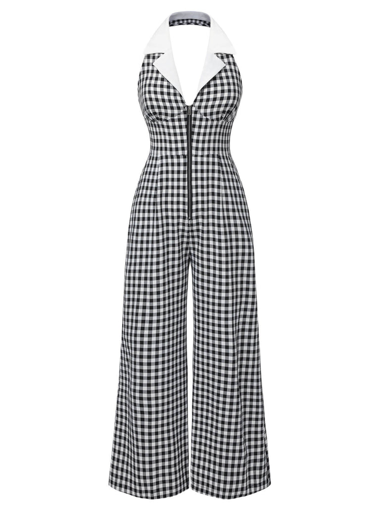 Black White 1940s Plaid Lapel Halter Jumpsuit: timeless 1940s elegance she makes her own
