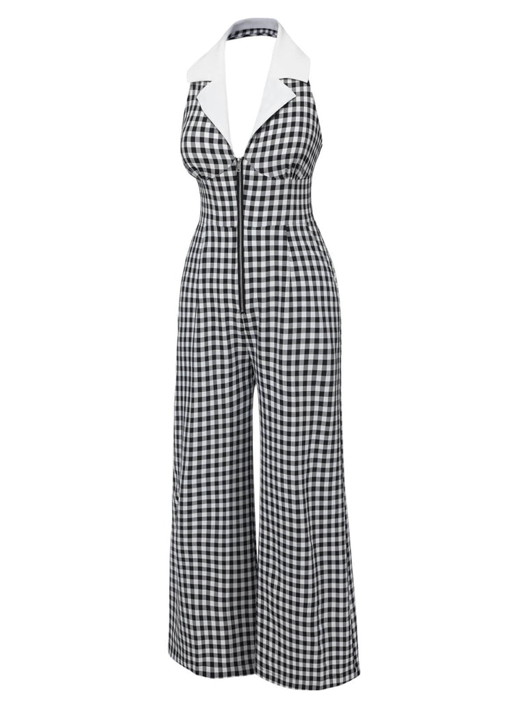 This Black White 1940s Plaid Lapel Halter Jumpsuit whispers 1940s secrets to those who notice