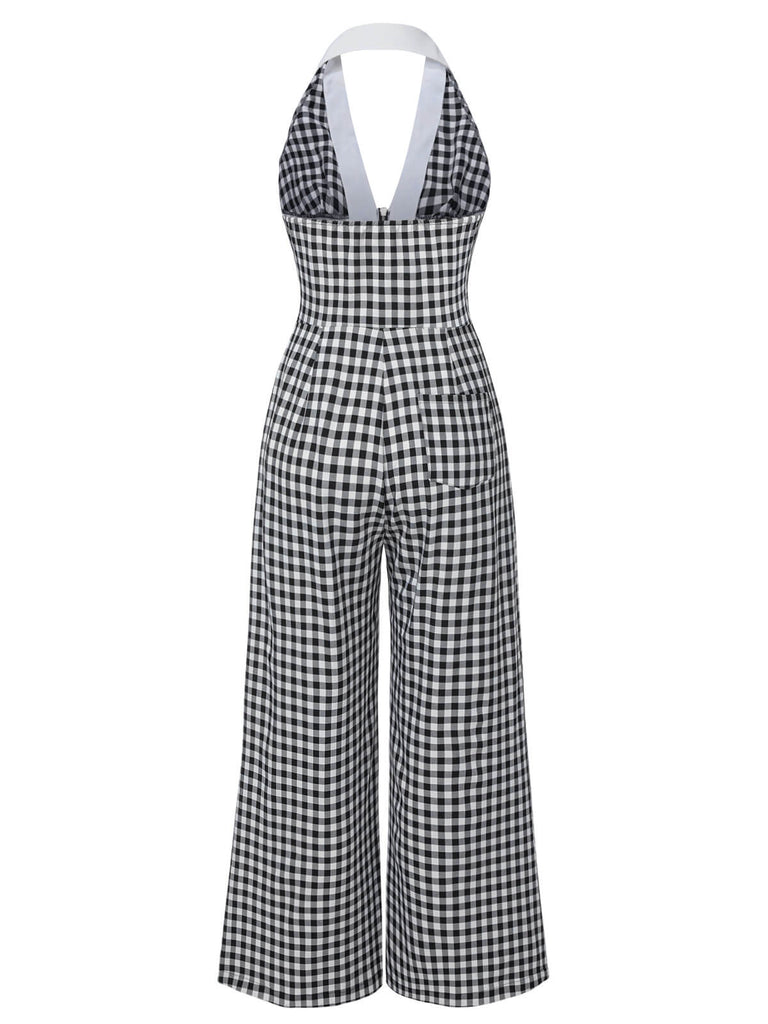 Black White 1940s Plaid Lapel Halter Jumpsuit — 1940s style that transcends decades