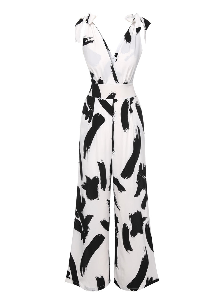 Black & White 1940s V-Neck Bohemian Jumpsuit, vintage romper, retro jumpsuit - perfect for women who love vintage and retro fashion