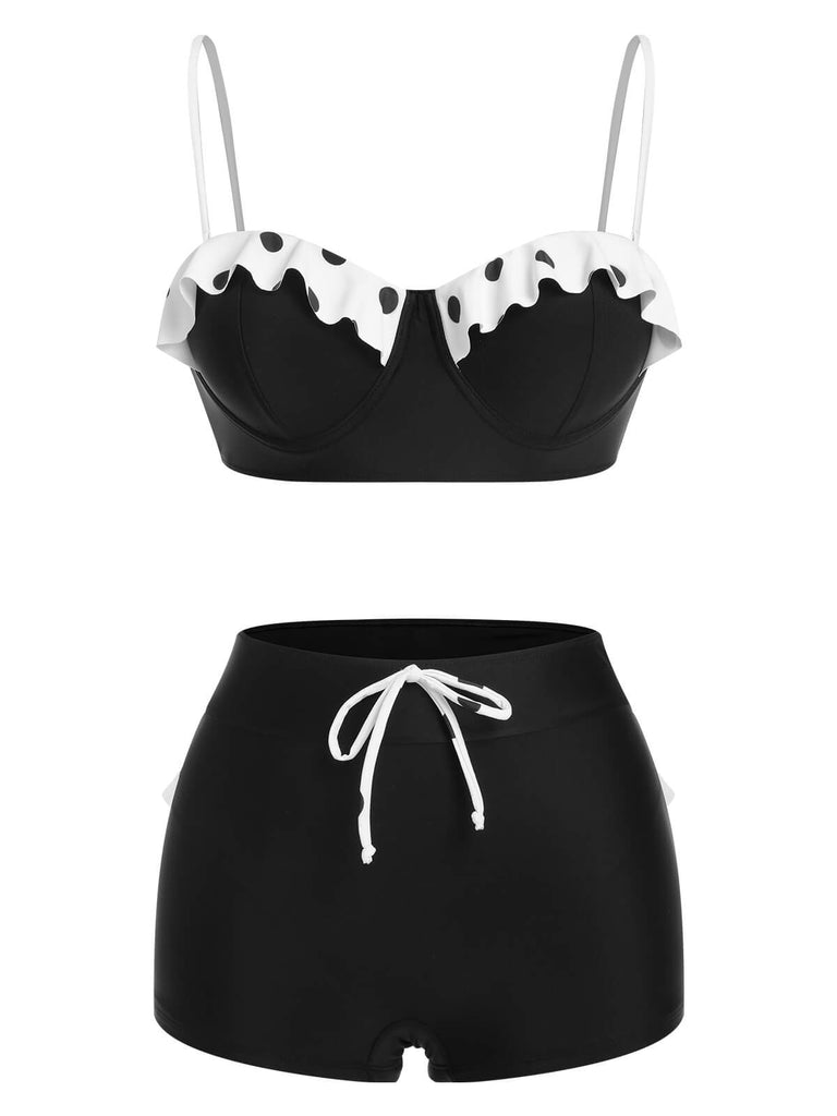 Black White 1950s Dots Layered Strap Swimsuit, vintage swimsuit, pin-up swimwear - perfect for women who love vintage and retro fashion