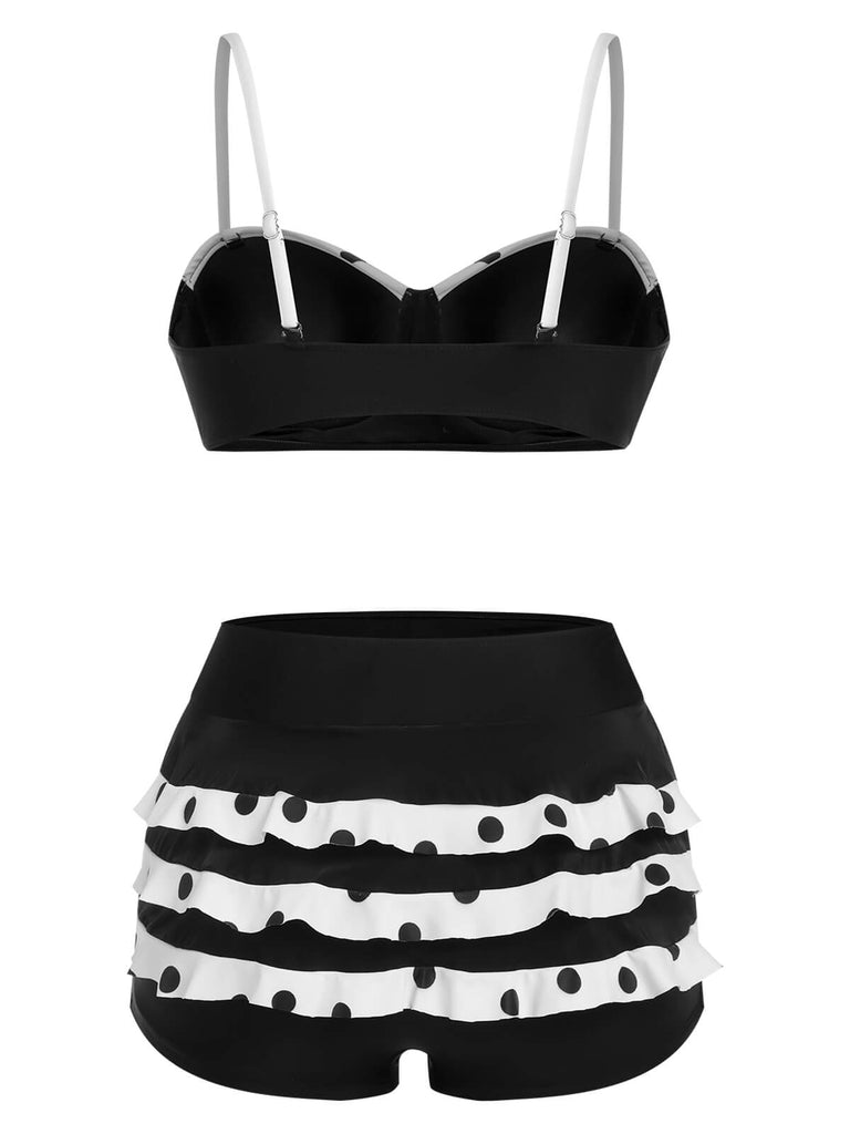 Black White 1950s Dots Layered Strap Swimsuit, vintage swimsuit, pin-up swimwear - perfect for women who love vintage and retro fashion