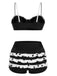 Black White 1950s Dots Layered Strap Swimsuit, vintage swimsuit, pin-up swimwear - perfect for women who love vintage and retro fashion
