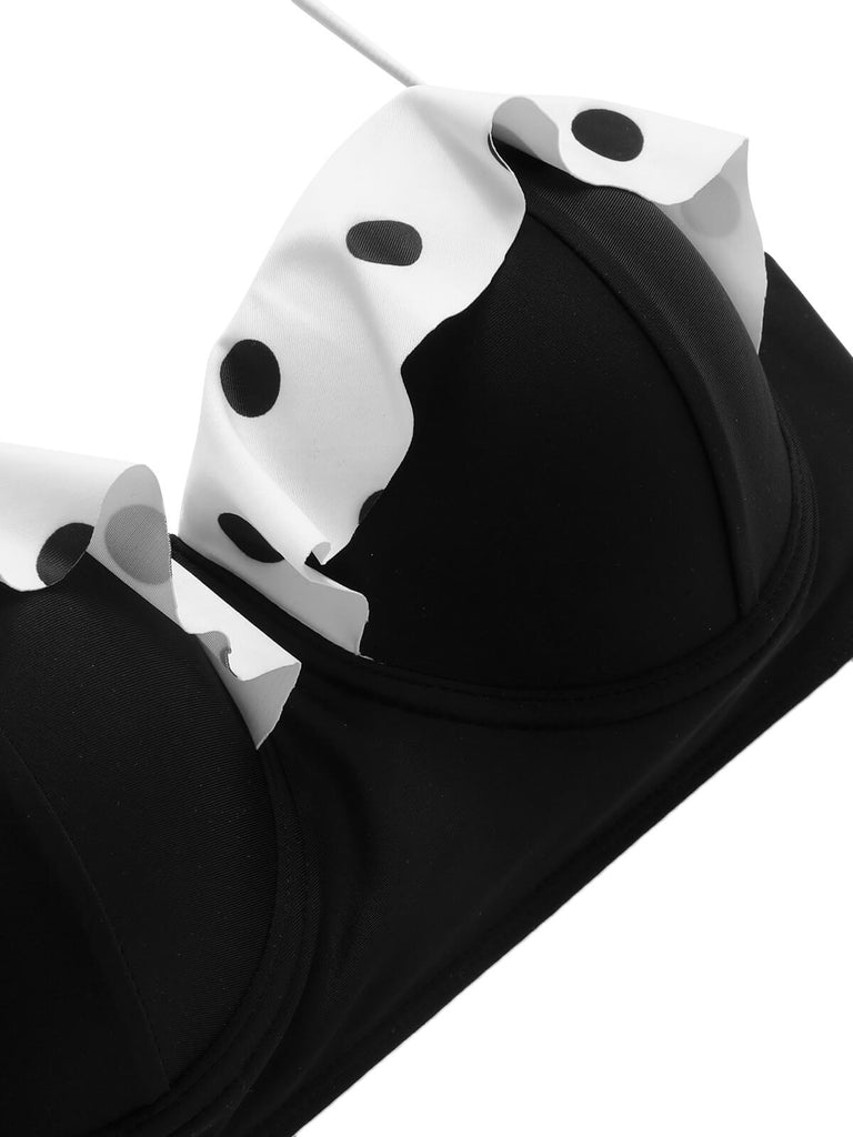 Black White 1950s Dots Layered Strap Swimsuit, vintage swimsuit, pin-up swimwear - perfect for women who love vintage and retro fashion