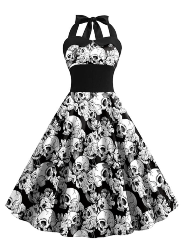 Black & White 1950s Halloween Skull Halter Dress | Retro Stage Black & White 1950s Halloween Skull Halter Dress | Retro Stage