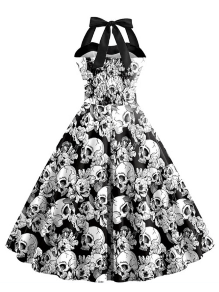Black & White 1950s Halloween Skull Halter Dress — vintage elegance for the modern woman