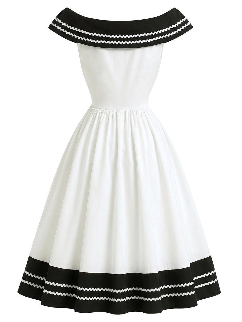 Women's Pin Up Stripe Off-Shoulder Bow 50s Dress Black&White