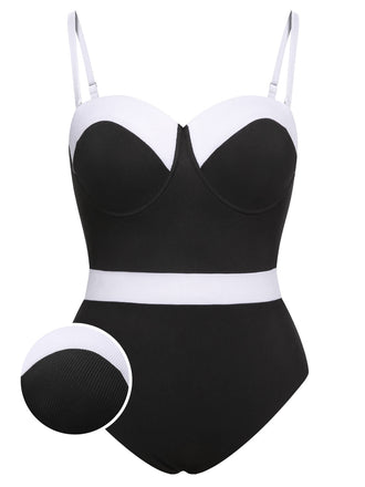 [Plus Size] Black & White 1950s Patchwork Strap Swimsuit, vintage swimsuit, pin-up swimwear - perfect for women who love vintage and retro fashion