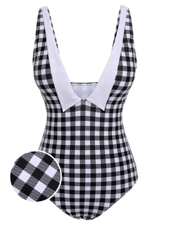 Black & White 1950s Plaid One-Piece Swimsuit, vintage swimsuit, pin-up swimwear - perfect for women who love vintage and retro fashion
