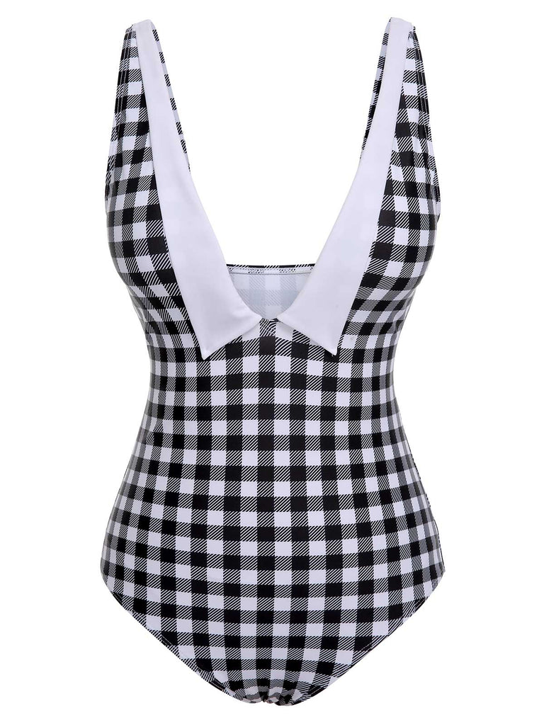 Black & White 1950s Plaid One-Piece Swimsuit, vintage swimsuit, pin-up swimwear - perfect for women who love vintage and retro fashion
