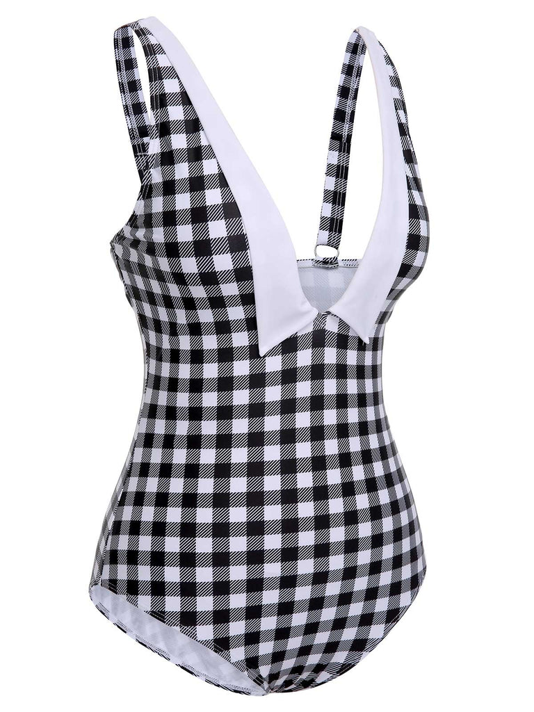 Black & White 1950s Plaid One-Piece Swimsuit, vintage swimsuit, pin-up swimwear - perfect for women who love vintage and retro fashion