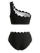 Black White 1950s Scalloped One Shoulder Bikini Set, vintage swimsuit, pin-up swimwear - perfect for women who love vintage and retro fashion