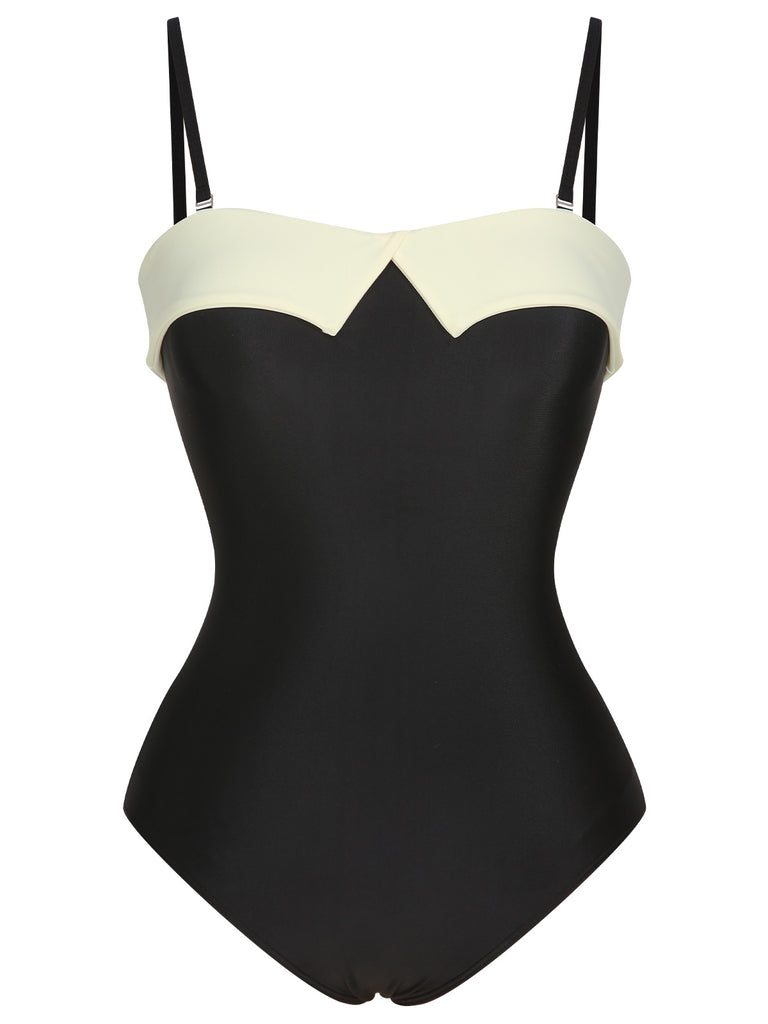 Black White 1950s Solid Bandeau Swimsuit, vintage swimsuit, pin-up swimwear - perfect for women who love vintage and retro fashion