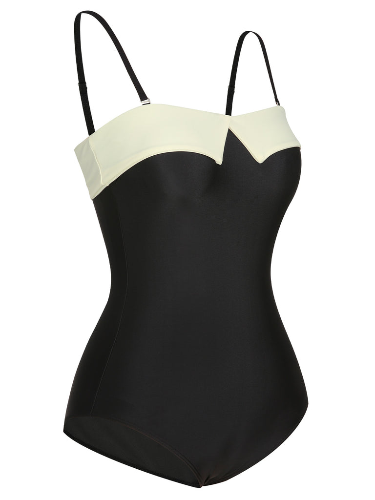 Black White 1950s Solid Bandeau Swimsuit, vintage swimsuit, pin-up swimwear - perfect for women who love vintage and retro fashion
