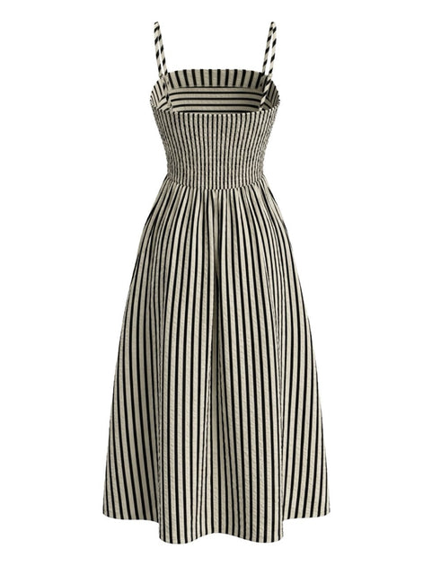 Black & Cream 1950s Spaghetti Strap Striped Dress
