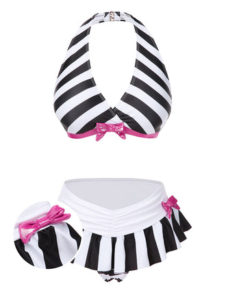 She's wearing Black & White 1950s Stripe Bow Halter Bikini and the whole beach remembers the 1950s