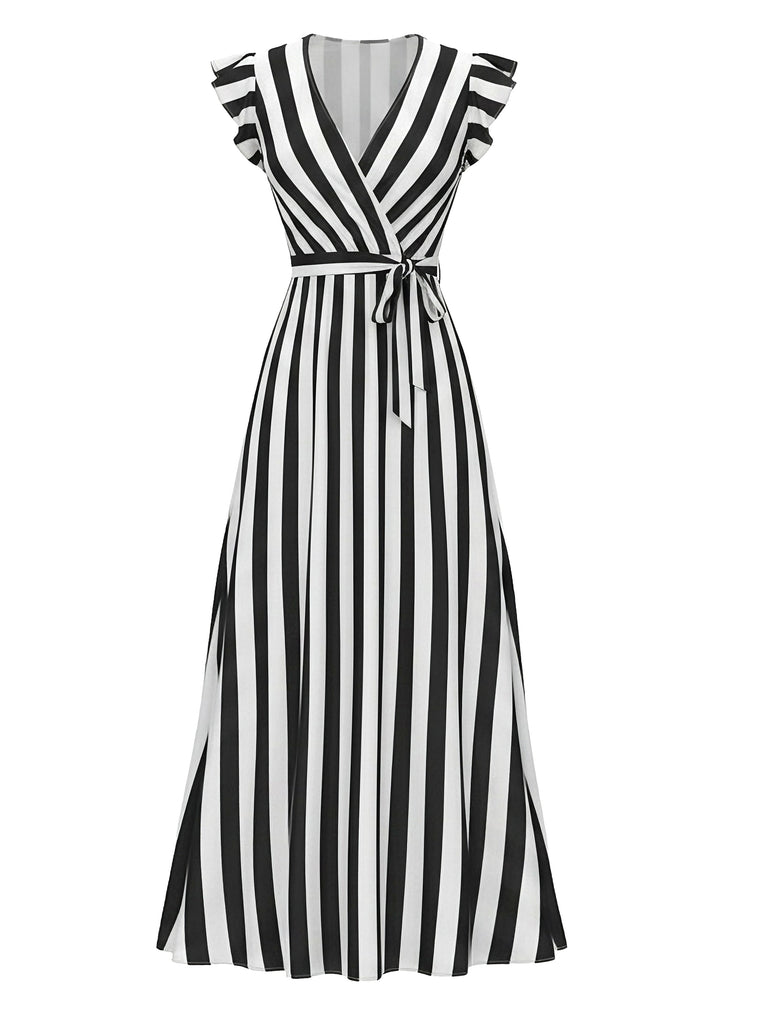 [Pre-Sale] Black White 1950s V-Neck Ruffle Belted Swing Dress, vintage dress, retro fashion, rockabilly, pin-up fashion - perfect for women who love vintage and retro fashion