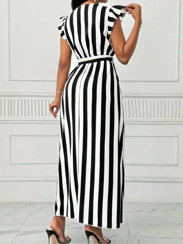 [Pre-Sale] Black White 1950s V-Neck Ruffle Belted Swing Dress, vintage dress, retro fashion, rockabilly, pin-up fashion - perfect for women who love vintage and retro fashion
