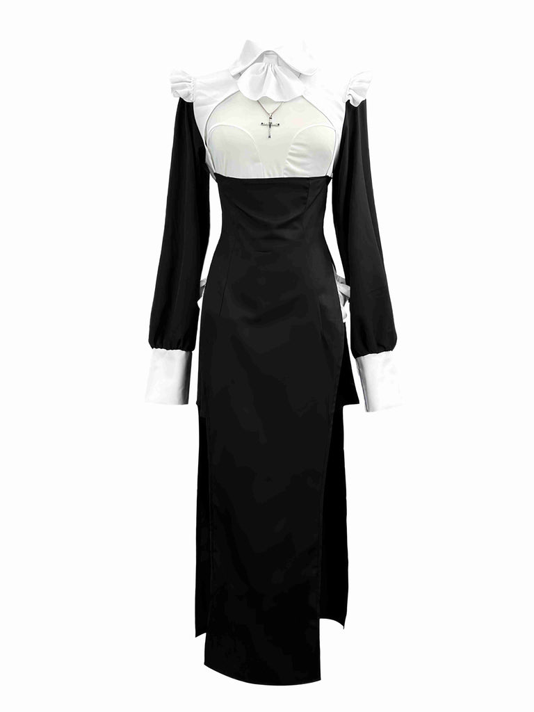 black nun dress Black & White 1960s Colorblock Nun Cosplay Dress