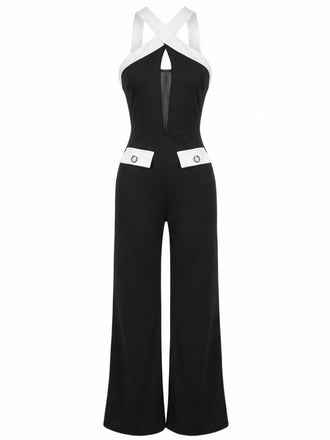 Black & White 1960s Contrast Halter Wide-Leg Jumpsuit - vintage romper, retro jumpsuit, playful style for vintage lovers