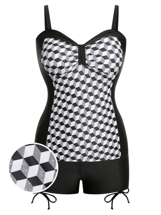 She's wearing Black & White 1960s Geometric Lace-Up Swimsuit and the whole beach remembers the 1960s