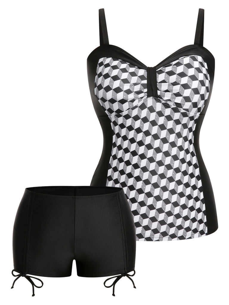 Black & White 1960s Geometric Lace-Up Swimsuit: 1960s Riviera elegance, reimagined for her