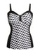 This Black & White 1960s Geometric Lace-Up Swimsuit carries 1960s vacation dreams in every stitch