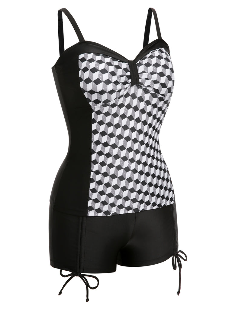 She's wearing Black & White 1960s Geometric Lace-Up Swimsuit and the whole beach remembers the 1960s