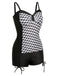 She's wearing Black & White 1960s Geometric Lace-Up Swimsuit and the whole beach remembers the 1960s
