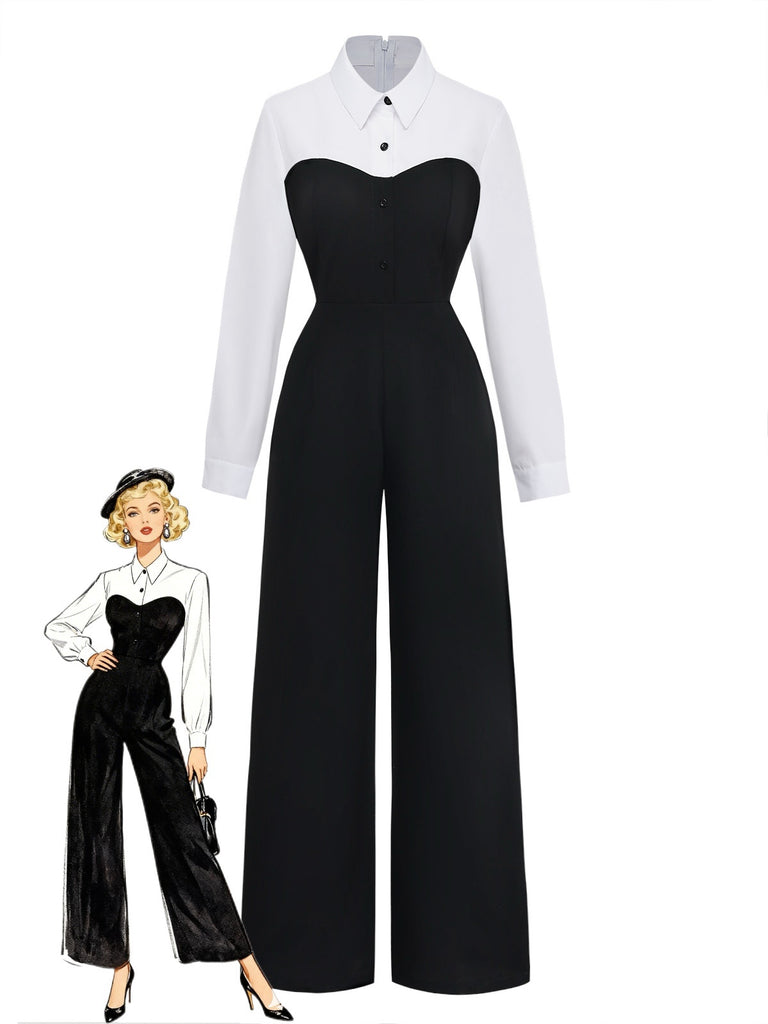 Black & White 1980s Mock Two-Piece Lapel Jumpsuit - vintage jumpsuit, retro fashion, classic black