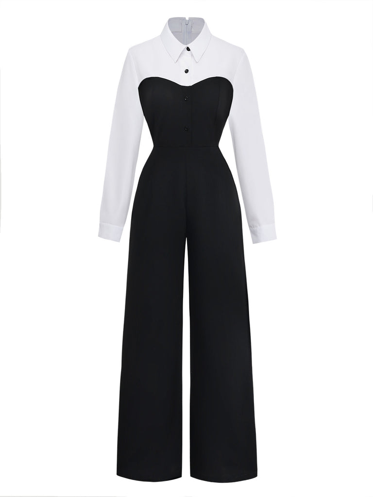Black & White 1980s Mock Two-Piece Lapel Jumpsuit - vintage jumpsuit, retro fashion, classic black