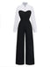Black & White 1980s Mock Two-Piece Lapel Jumpsuit - vintage jumpsuit, retro fashion, classic black