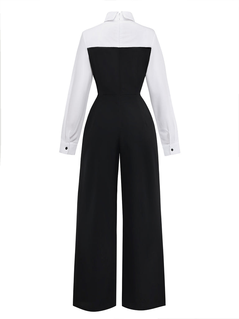 Black & White 1980s Mock Two-Piece Lapel Jumpsuit - vintage jumpsuit, retro fashion, classic black