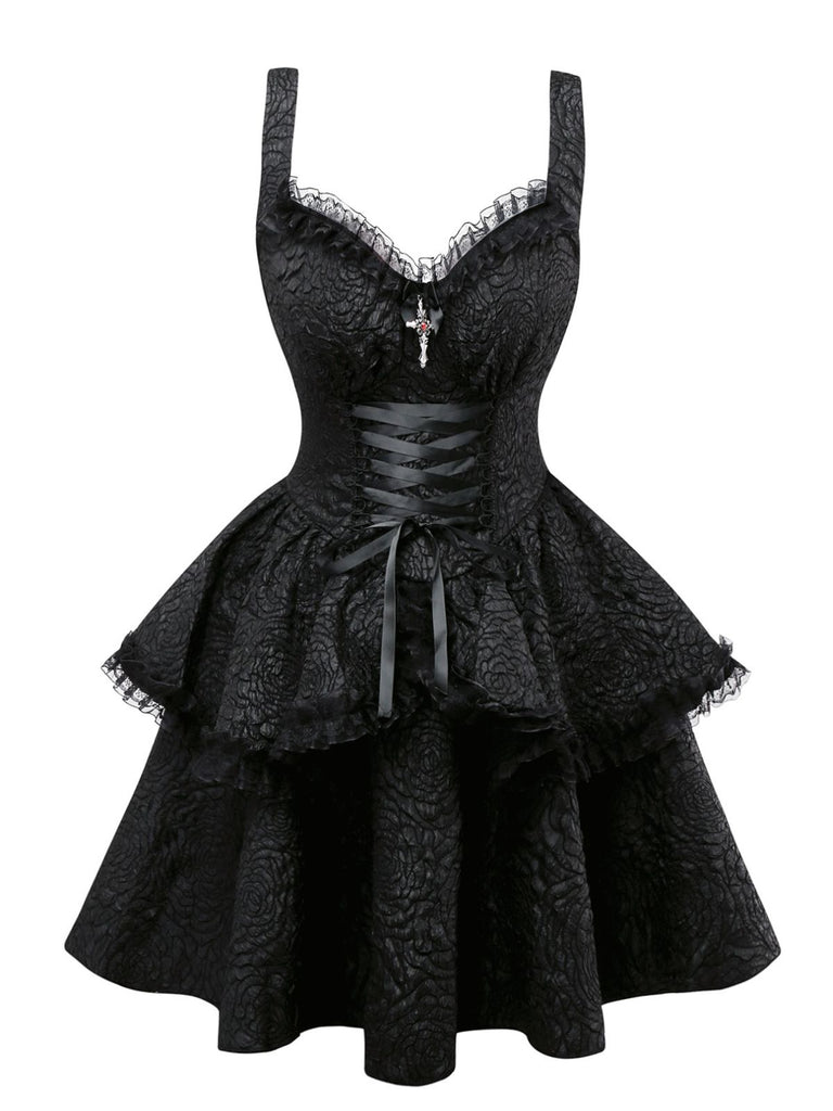 Black Gothic Corset Mini Dress Sleeveless Sweetheart Neck Tiered Ruffle Mini Dress Black Gothic Corset Mini Dress Sleeveless Sweetheart Neck Tiered Ruffle Mini Dress