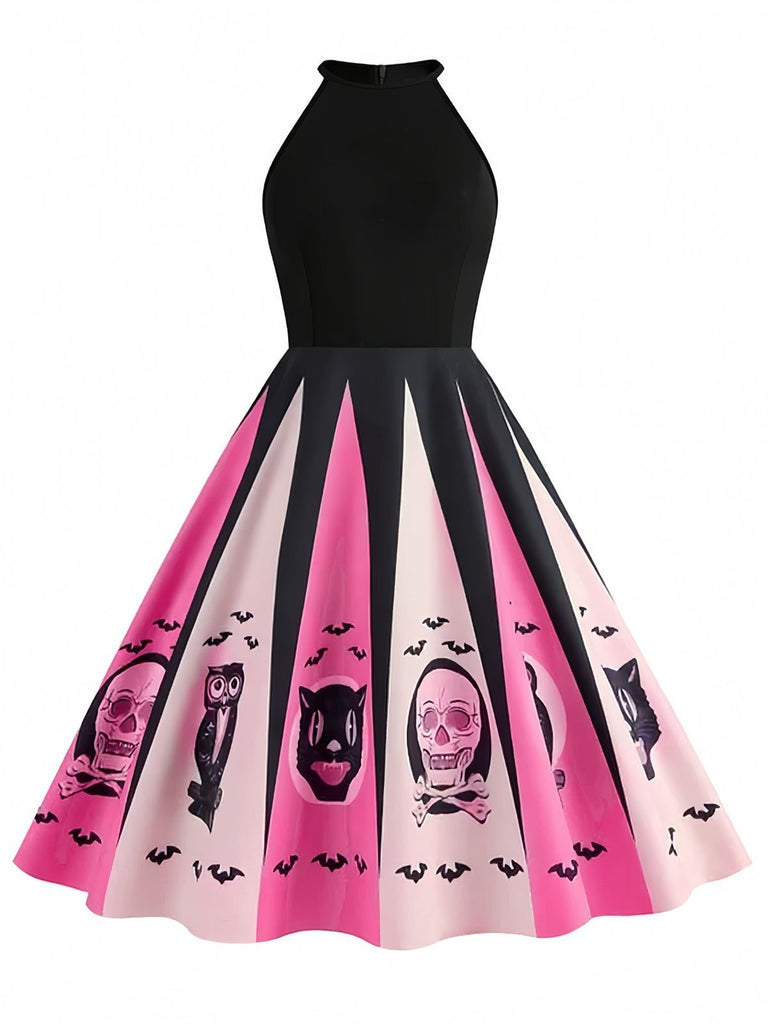 Halloween Skull Cat Print Halter Neck Dress