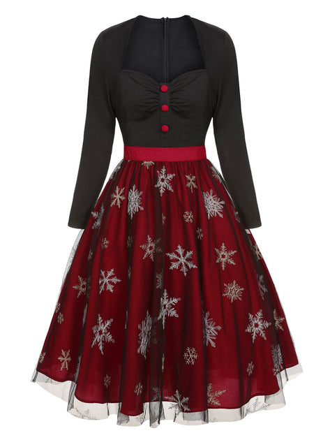 black christmas dress Christmas A-line Snowflake Mesh Dress Black & Red