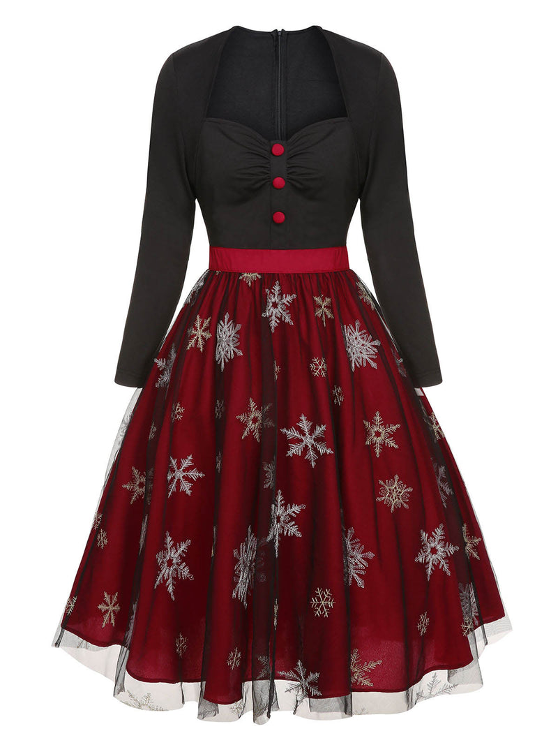 Christmas A-line Snowflake Mesh Dress Black & Red