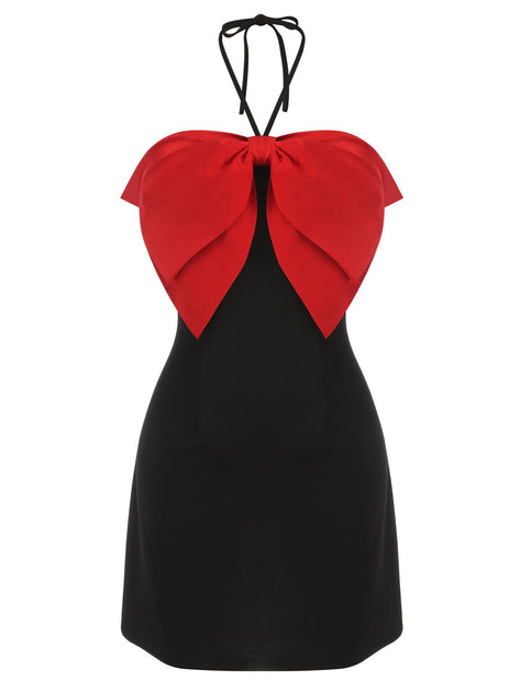 Black&Red 1960s Bow-knot Patchwork Wrap Dress | Retro Stage