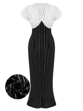 Black&White 1930s Striped Deep V-Neck Patchwork Dress, vintage dress, retro fashion - perfect for women who love vintage and retro fashion