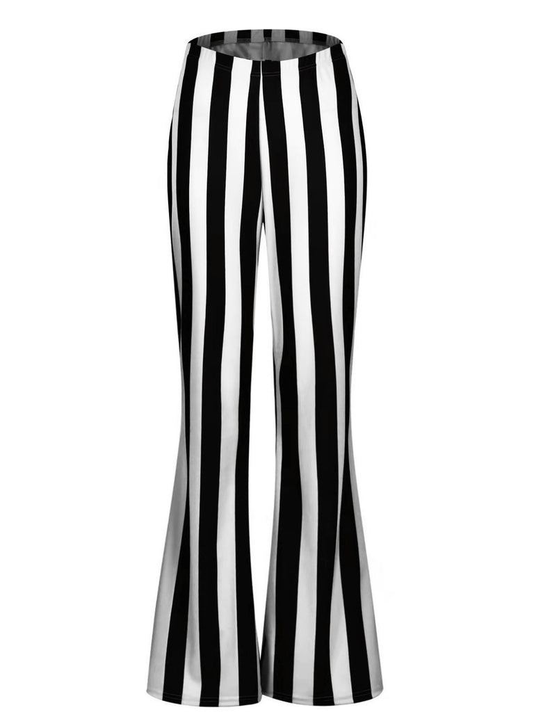 Black&White 1970s Vertical Striped Flared Pants - vintage fashion, retro style, classic black