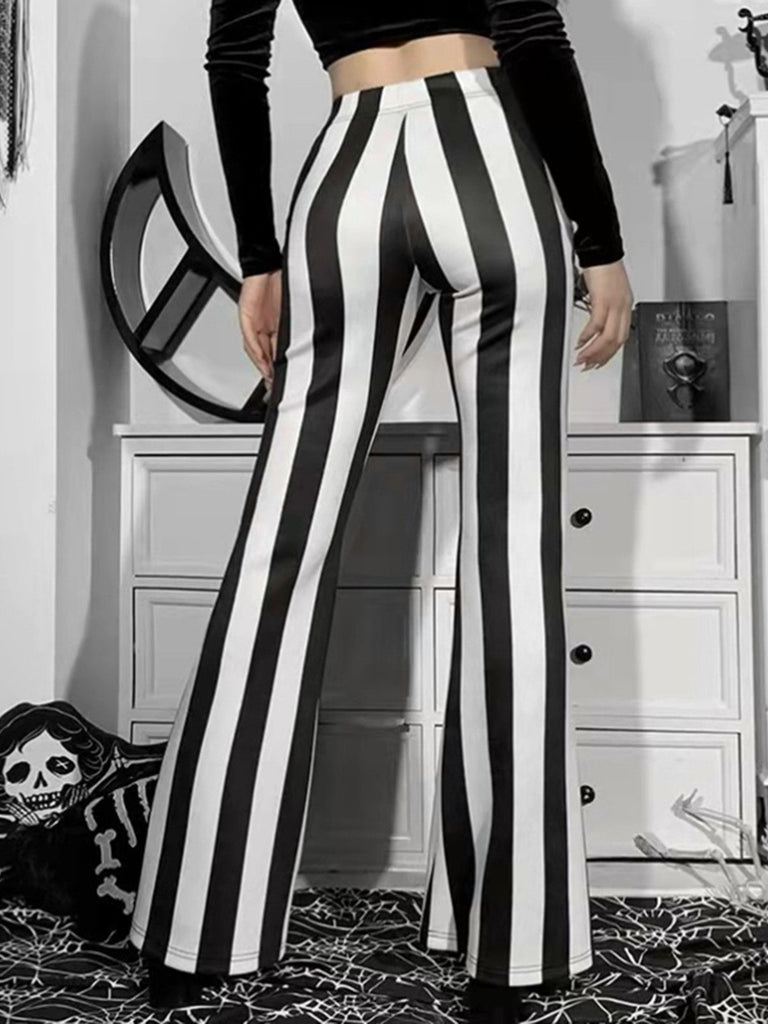 Black&White 1970s Vertical Striped Flared Pants - vintage fashion, retro style, classic black