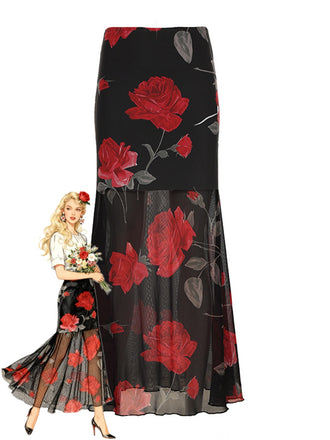 Black skirt with red floral pattern worn by a model on a white background