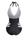 Black and white swimsuit with a halter neck design on a white background