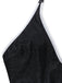 Black glittery swimsuit top with white trim on a white background