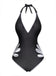 Black one-piece swimsuit with white floral details on a white background