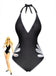 Black one-piece swimsuit with white accents on a white background