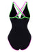 Black swimsuit with neon green and pink straps on a white background